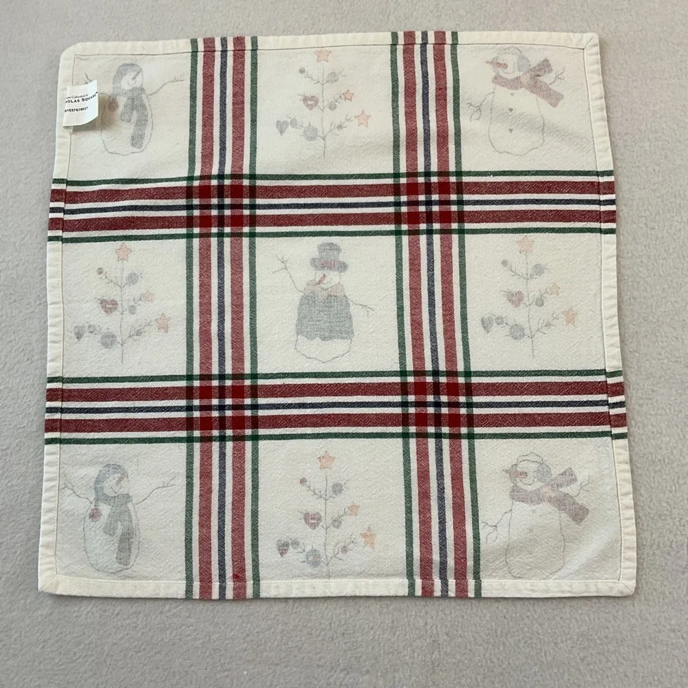 St Nicholas Square Snowman Plaid Cotton Napkins Set of 9 White Red Green Holiday